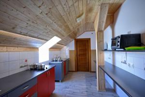 a large kitchen with a wooden ceiling and counters at Duet in Karwia