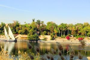 a river with a sail boat in the water at Hamo Guest House in Aswan