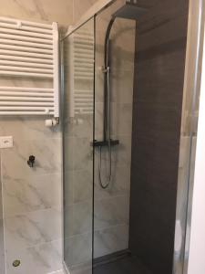 y baño con ducha y puerta de cristal. en Residence de luxe tout confort en Ginebra