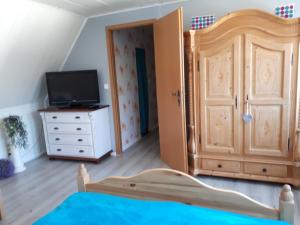 1 dormitorio con 1 cama, TV y vestidor en Haus Freitag, en Itzehoe