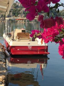 a red and white boat in the water with pink flowers at Kekova Theimussa in Kaleucagız