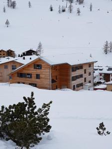 a building in the snow with a tree in the foreground at Ferienwohnung Allmeina in Malbun