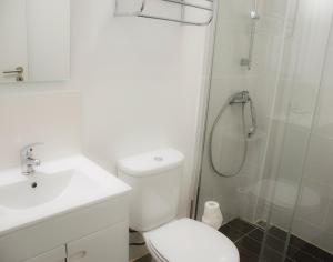 uma casa de banho com um chuveiro, um WC e um lavatório. em Alameda Guest House GF em Espinho