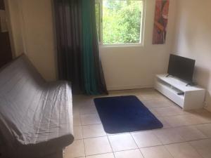 a bedroom with a bed and a tv and a window at Location bas de maison in Sainte-Anne