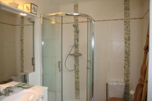 W łazience znajduje się szklana kabina prysznicowa i umywalka. w obiekcie Chambres d'Hôtes Le Petit Nailly w mieście Magny-les-Hameaux