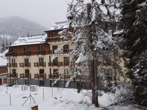 a large building with snow on the branches of a tree at Apartman Jasná Lúčky in Demanovska Dolina
