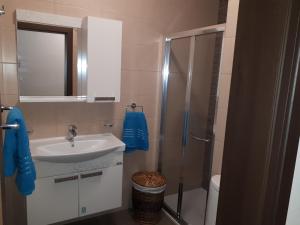 a bathroom with a shower and a sink and a toilet at D Bay Apartments in St. Paul's Bay