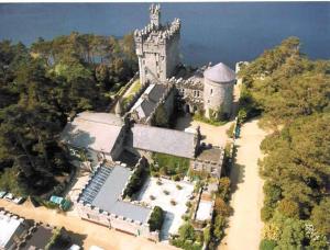 an aerial view of a castle on an island at Letterkenny Town Centre Apartment in Letterkenny