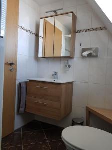 a bathroom with a sink and a mirror and a toilet at Ferienwohnung "Zum Hexenhäusle" in Weißenburg in Bayern