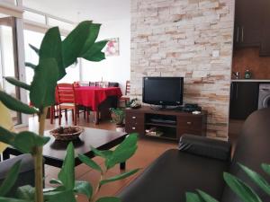 a living room with a television and a table with a dining room at Aetius Apartments in Larnaca