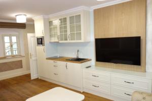 a kitchen with white cabinets and a flat screen tv at Wellness Hotel Republika 24 Apartments in Plzeň