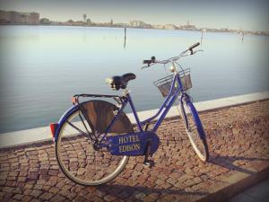 un vélo bleu garé à côté d'une masse d'eau dans l'établissement Edison Hotel Seaview, à Sottomarina