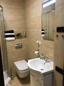 W łazience znajduje się umywalka, toaleta i lustro. w obiekcie Apartment 82A w Warszawie
