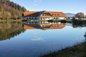 une maison sur un lac avec sa réflexion dans l'eau dans l'établissement Pension Pirkdorfer See, à Sankt Michael ob Bleiburg