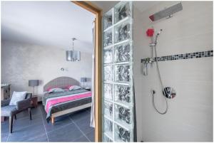 a bedroom with a bed and a glass walled shower at Château Serigues in Gap +43 photos