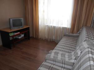 uma sala de estar com um sofá e uma televisão em Миргород. квартира посуточно центр. Евроремонт em Myrhorod