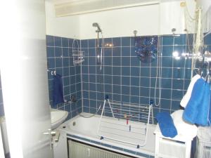 a blue tiled bathroom with a tub and a sink at Lütte Höög in Sierksdorf +21 photos
