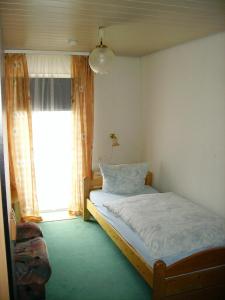 Schlafzimmer mit einem Bett, einem Fenster und einer Lampe in der Unterkunft Hotel Kraichgauidylle in Malsch