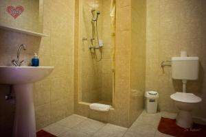 a bathroom with a shower and a toilet and a sink at Cívis Szálláshely in Debrecen