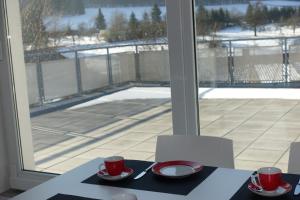 a table with two red cups on a table with a view at Ferienwohnung Himmlingen in Aalen
