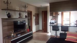 sala de estar con TV de pantalla plana y cocina en Apartamento Vila Suzana, en Canela