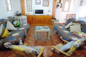 ein Wohnzimmer mit zwei Sofas und einem Fernseher in der Unterkunft Mas de Felip - Casa rural con piscina privada en el Delta - Deltavacaciones in Riumar