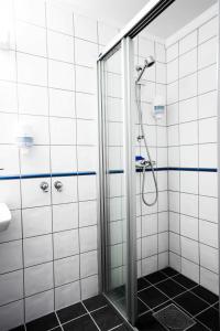 Hamremoen的住宿－Kroderen Kro & motel AS，浴室里设有玻璃门淋浴