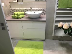 baño con lavabo y alfombra verde en Apartmán Monika, en Lipno nad Vltavou