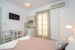 salon z dużym łóżkiem i kuchnią w obiekcie Golden Beach Studios Down Town w mieście Naksos