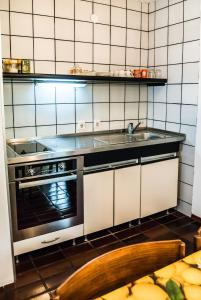 a kitchen with a stove and a sink at Apartment Ohrid Forever in Lagadin