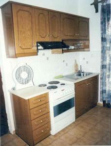 a kitchen with a white stove and a sink at Elena Studios in Chania