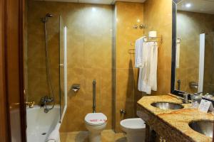 
a bathroom with a toilet, sink, and shower at Hotel Corregidor in Segovia
