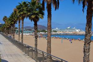 una playa con palmeras y un crucero en Lofts MSH Canarias, en Las Palmas de Gran Canaria