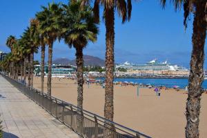 a beach with palm trees and a cruise ship at Lofts MSH Canarias in Las Palmas de Gran Canaria