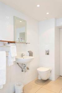 ein weißes Bad mit einem Waschbecken und einem WC in der Unterkunft Hotel De Croone in Ninove