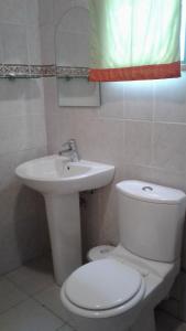a bathroom with a white toilet and a sink at Tri M Waves Lodge in Ponta do Ouro