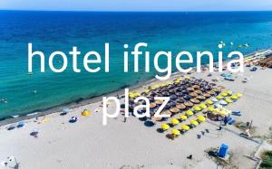 an aerial view of a beach with umbrellas and the ocean at Hotel Ifigenia Paralia Katerinis plaz in Paralia Katerinis