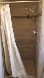 a shower with a shower curtain in a bathroom at Black Hawk Lodge in Coarsegold