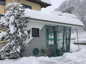 una casa con una puerta verde en la nieve en Apart Trisanna, en Kappl