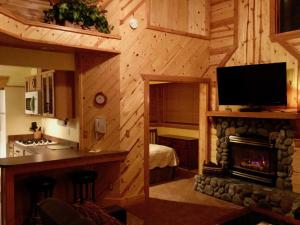 a kitchen and living room with a fireplace in a log cabin at Giant Oaks Lodge in Running Springs