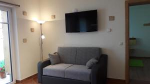 uma sala de estar com um sofá e uma televisão de ecrã plano em Ötscherblick Fam Winter em Frankenfels