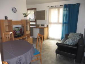 ein Wohnzimmer mit einem Tisch, einem Sofa und einem TV in der Unterkunft Appartement Thiers in Avignon