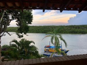a boat on a river with a palm tree at Pousada Canto do Rio in Prado