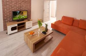 een woonkamer met een oranje bank en een televisie bij Apartament Winnica Centrum in Zielona Góra