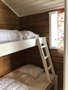 ein Schlafzimmer mit zwei Etagenbetten in einer Kabine in der Unterkunft Vassel gård in Herand