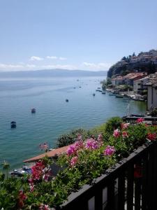a view of the ocean from a balcony with flowers at Orhidea House in Ohrid