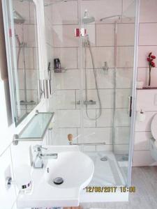 a white bathroom with a sink and a shower at Haus Harmonie in Bad Driburg