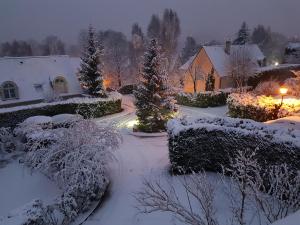 a snow covered yard with trees and a house at La Clémencerie Chambre d'hôtes in LʼÉtang-la-Ville