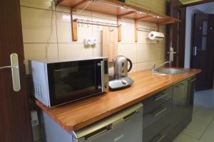 Pod Bastionem في زاموسك: ميكروويف على منضدة خشبية في المطبخ