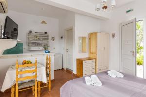a bedroom with two beds and a desk and a tv at Villa Thea in Panormos Skopelos